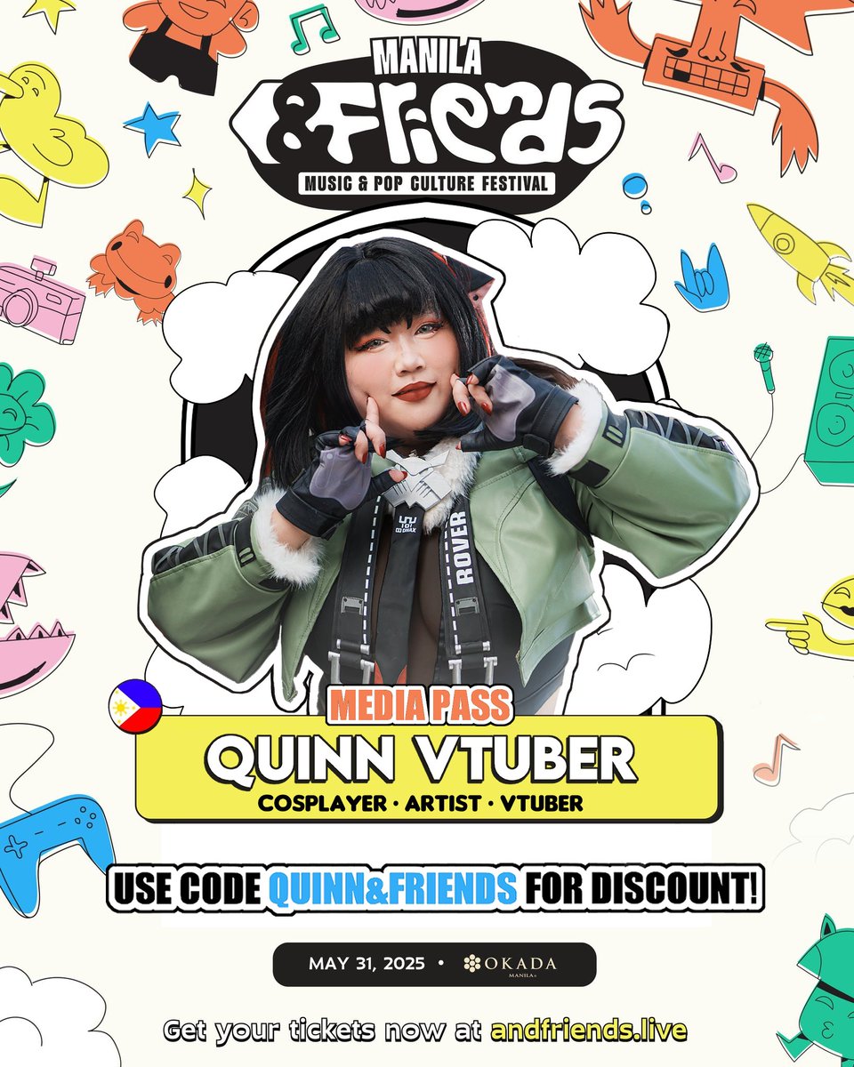 QuinnVT ✦ Coms Open ✦ (@nephilim_vtuber) on Twitter photo Hey guys! I am so excited to announce that I will be attending the Andfriends Festival at Okada Manila on May 30-31 as a Media Pass holder.
🎟️ Get your tickets here:
andfriends.live/tickets
Use my code QUINN&FRIENDS for discounted tickets!
#AndFriends2025 <a href="/andfriendsfest/">&FRIENDS Festival</a> Hey guys! I am so excited to announce that I will be attending the Andfriends Festival at Okada Manila on May 30-31 as a Media Pass holder.
🎟️ Get your tickets here:
andfriends.live/tickets
Use my code QUINN&FRIENDS for discounted tickets!
#AndFriends2025 <a href="/andfriendsfest/">&FRIENDS Festival</a>