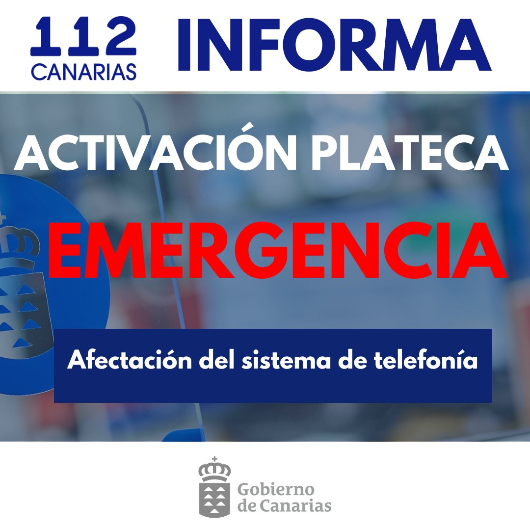 📢El Gobierno de Canarias activa el #PLATECA en situación de emergencia ante la caída del sistema de telefonía  

🗓️ 28/04 
🕙22:30 horas

➡️En caso de no poder contactar por teléfono con el 112, acudir a los servicios sanitarios de urgencias o policiales