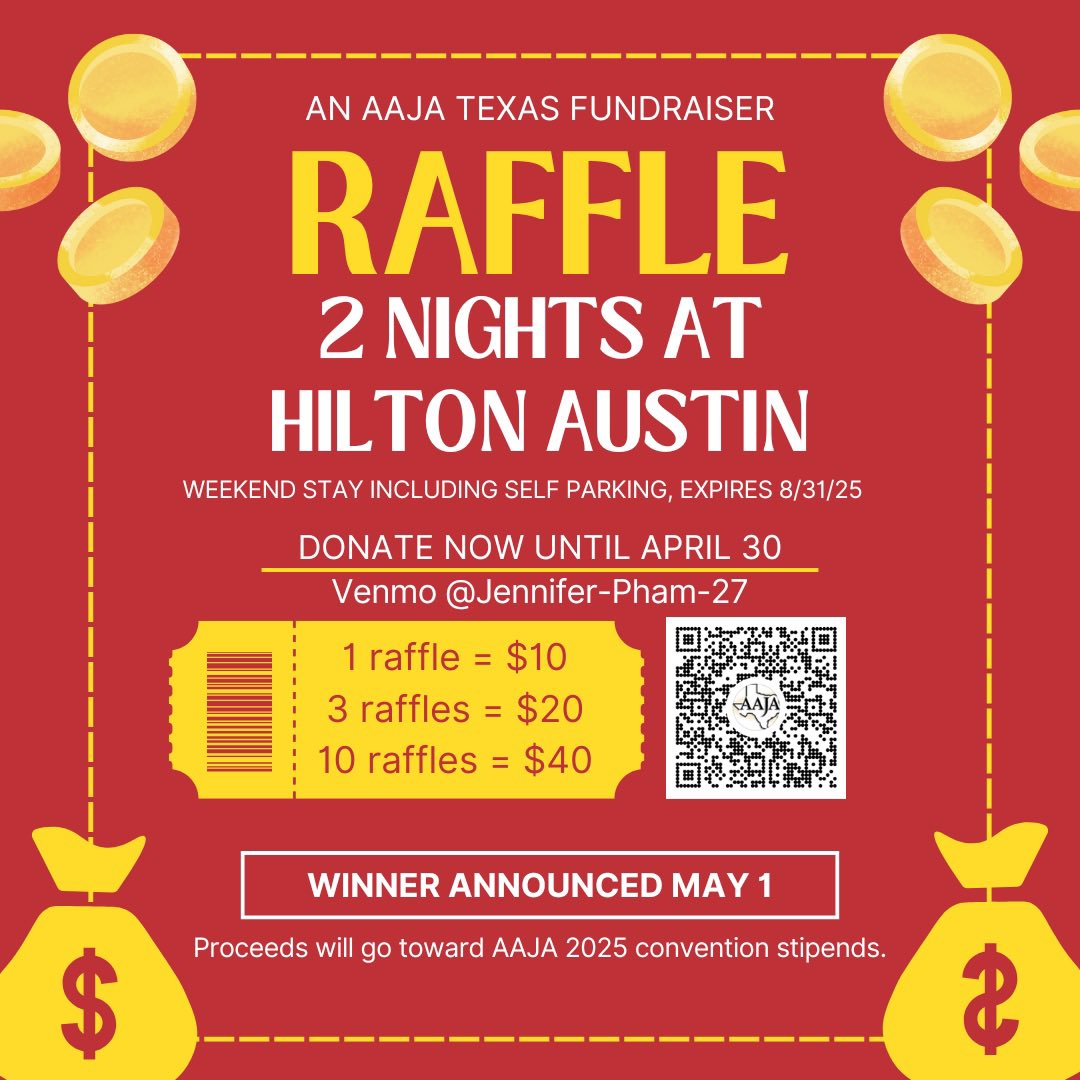 AAJA Texas (@aajatexas) on Twitter photo FINAL DAYS TO TRY TO WIN YOURSELF A 2-NIGHT STAY AT THE HILTON AUSTIN!! š
Get your raffle tickets here ā”ļø venmo.com/u/Jennifer-Phaā¦
Deadline April 30, winner announced May 1! Good luck!! All proceeds fund our #AAJA25 stipends we try to give to those who need it!! <a href="/aaja/">Asian American Journalists Association est. 1981</a> FINAL DAYS TO TRY TO WIN YOURSELF A 2-NIGHT STAY AT THE HILTON AUSTIN!! š
Get your raffle tickets here ā”ļø venmo.com/u/Jennifer-Phaā¦
Deadline April 30, winner announced May 1! Good luck!! All proceeds fund our #AAJA25 stipends we try to give to those who need it!! <a href="/aaja/">Asian American Journalists Association est. 1981</a>