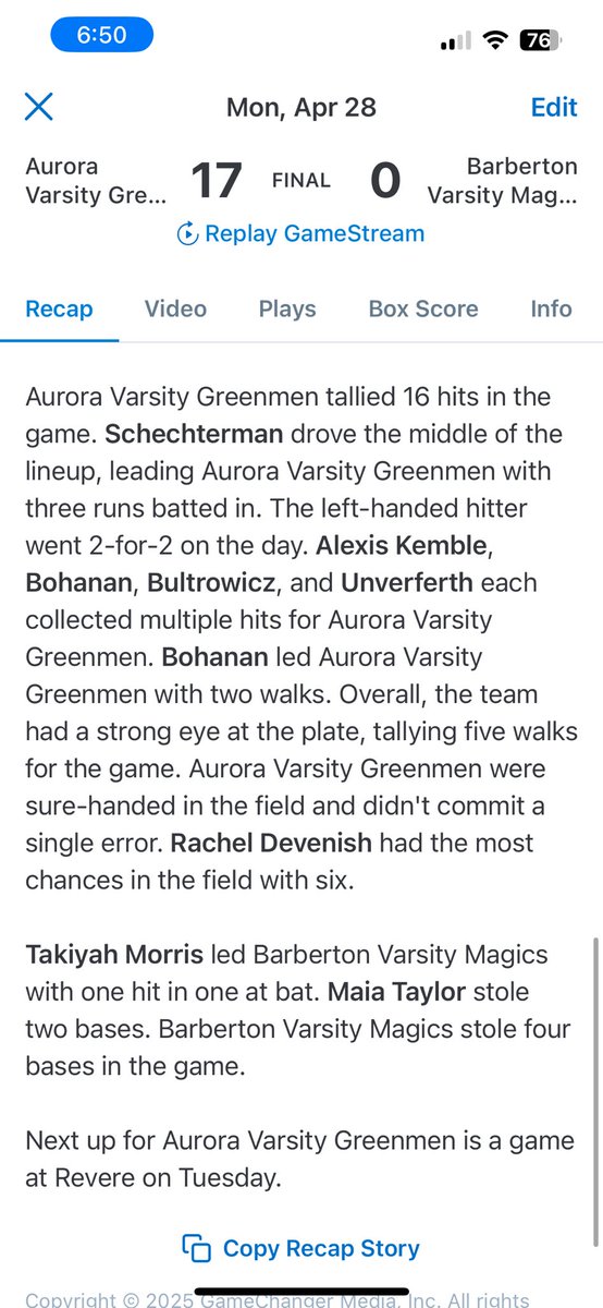 Varsity defeats Barberton 17-0 in 5 innings.

<a href="/sretton2/">Sophie Retton</a> gets the W! <a href="/LailahBohanan11/">Lailah Bohanan/LB</a> also pitched 3 innings, combined they only gave up one hit! 

<a href="/RaynaUnverferth/">Rayna Unverferth</a> with a triple!

Game recap below 👇🏼