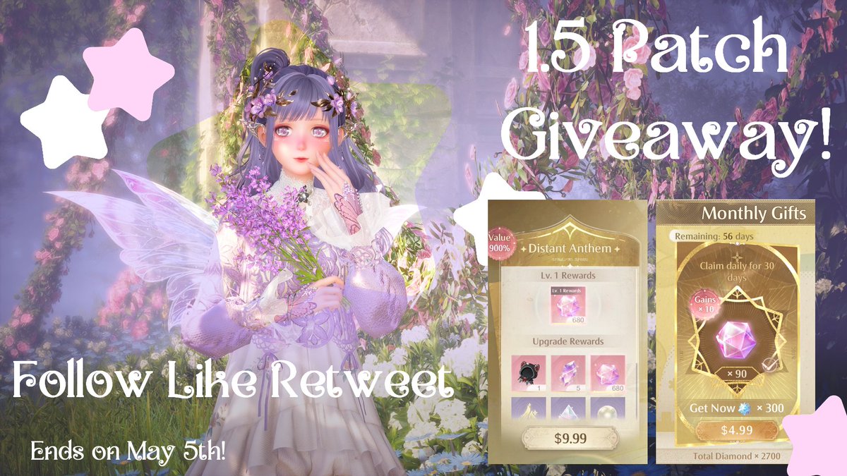 ✨ Infinity Nikki 1.5 Patch Giveaway! ✨

There will be 2 winners who will get either:

♡ 1 Distant Anthem 
♡ 1 Monthly Gifts 

✧ like, retweet, be following! ❣️

✧ optional: tell me what you're going to pull for in 1.5!

✧ ends on May 5th, 12:00AM PST!