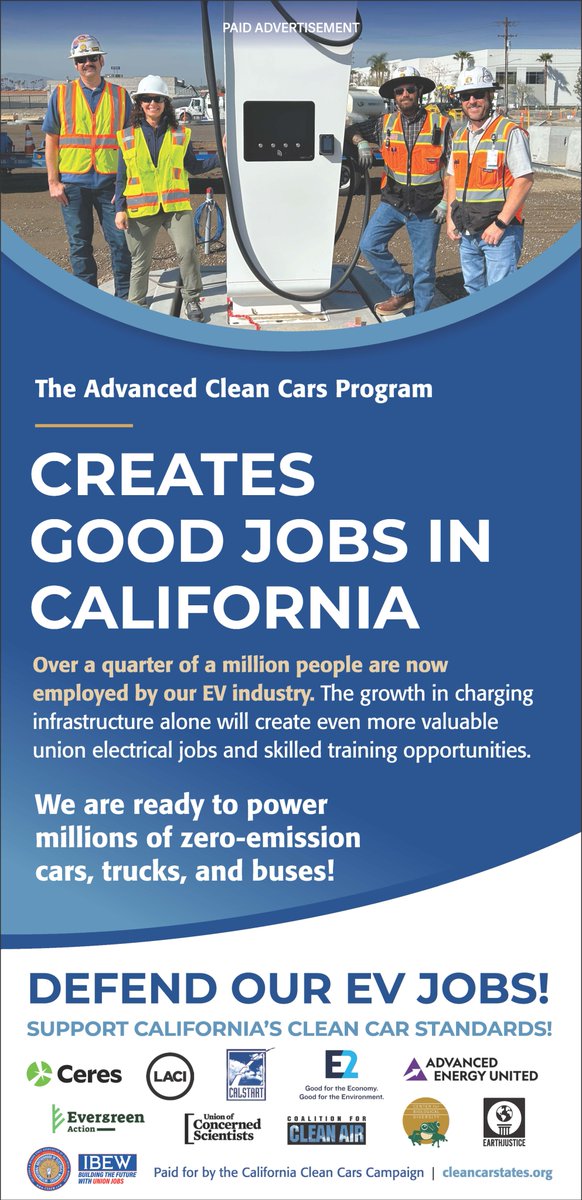 TODAY, <a href="/IBEW/">IBEW</a> CA &amp; <a href="/laincubator/">LACl</a>  joined state and regional business and clean air leaders to call for California’s leaders to defend #EV jobs created by the Advanced Clean Car Program in a full-page ad in the @Sacbee_news! ibew.org/ibew-californi… Attn: <a href="/AdamGrayCA/">Adam C. Gray</a>