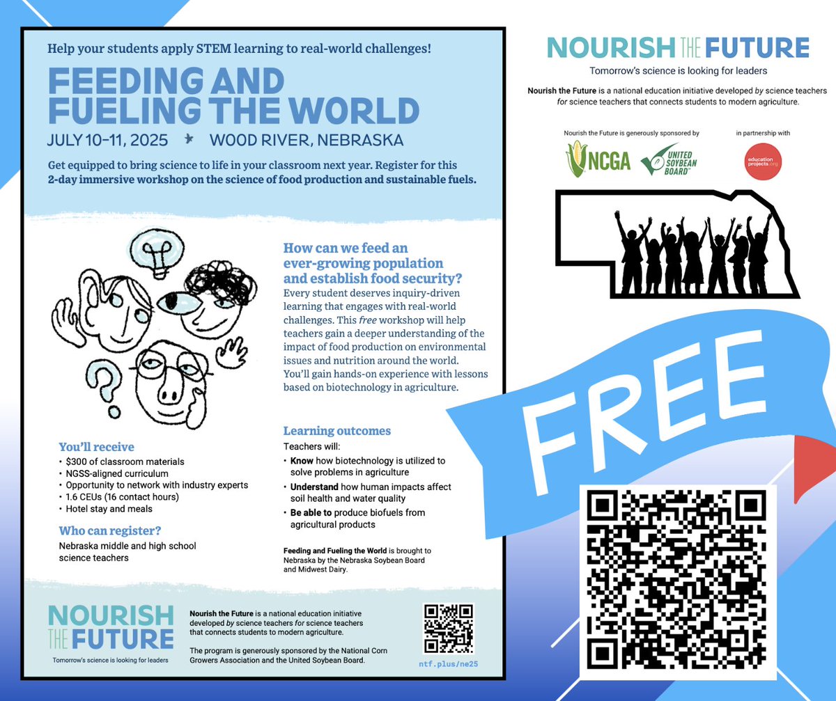 July 10-11 | Feeding and Fueling the World: a workshop for Nebraska Teachers: 2-day workshop will engage teachers in hands-on, phenomena-based lessons focused on integrating the science of modern food production into their classrooms and CTE programs.
bit.ly/4lHXLiS