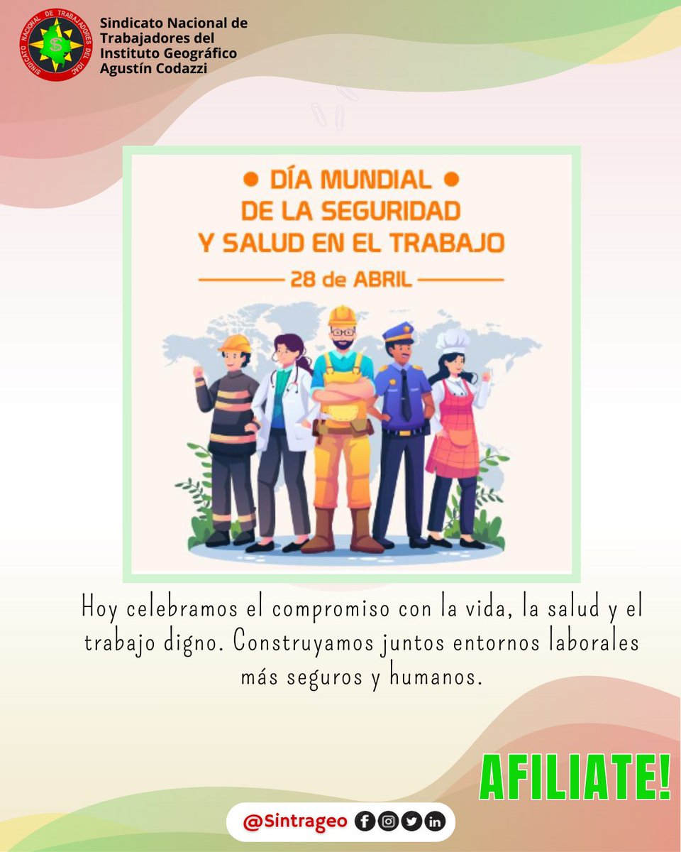 Por espacios de trabajo seguro y estables! 

#28Abril 
#Seguridadysaludeneltrabajo
#Derechoslaborales