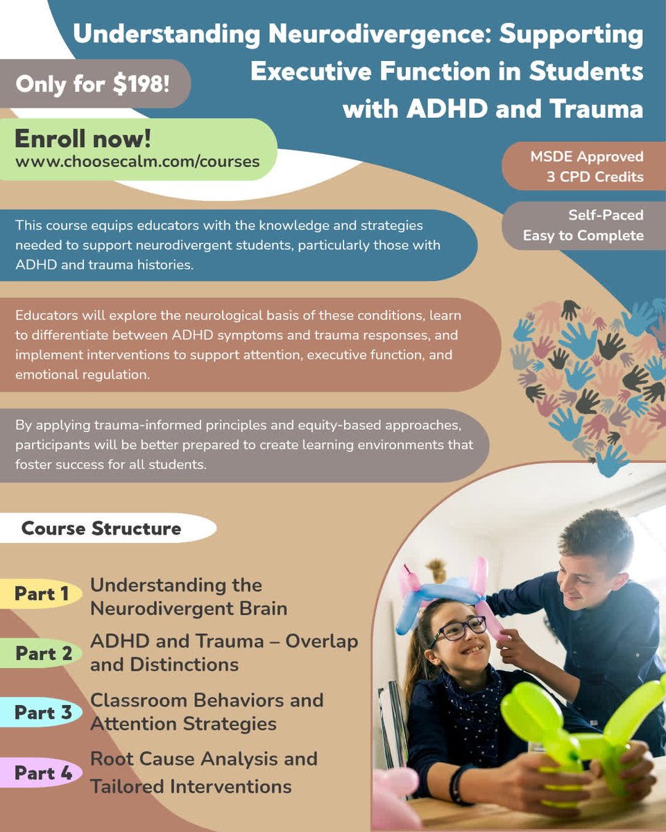 Meredith McNerney (@calmerschools) on Twitter photo This self-paced course, offers essential insights into how trauma and ADHD impact learning and behavior. Gain practical, research-based strategies to support attention, executive function, and emotional regulation in the classroom.🧠✨
#Neurodiversity #TraumaInformed This self-paced course, offers essential insights into how trauma and ADHD impact learning and behavior. Gain practical, research-based strategies to support attention, executive function, and emotional regulation in the classroom.🧠✨
#Neurodiversity #TraumaInformed