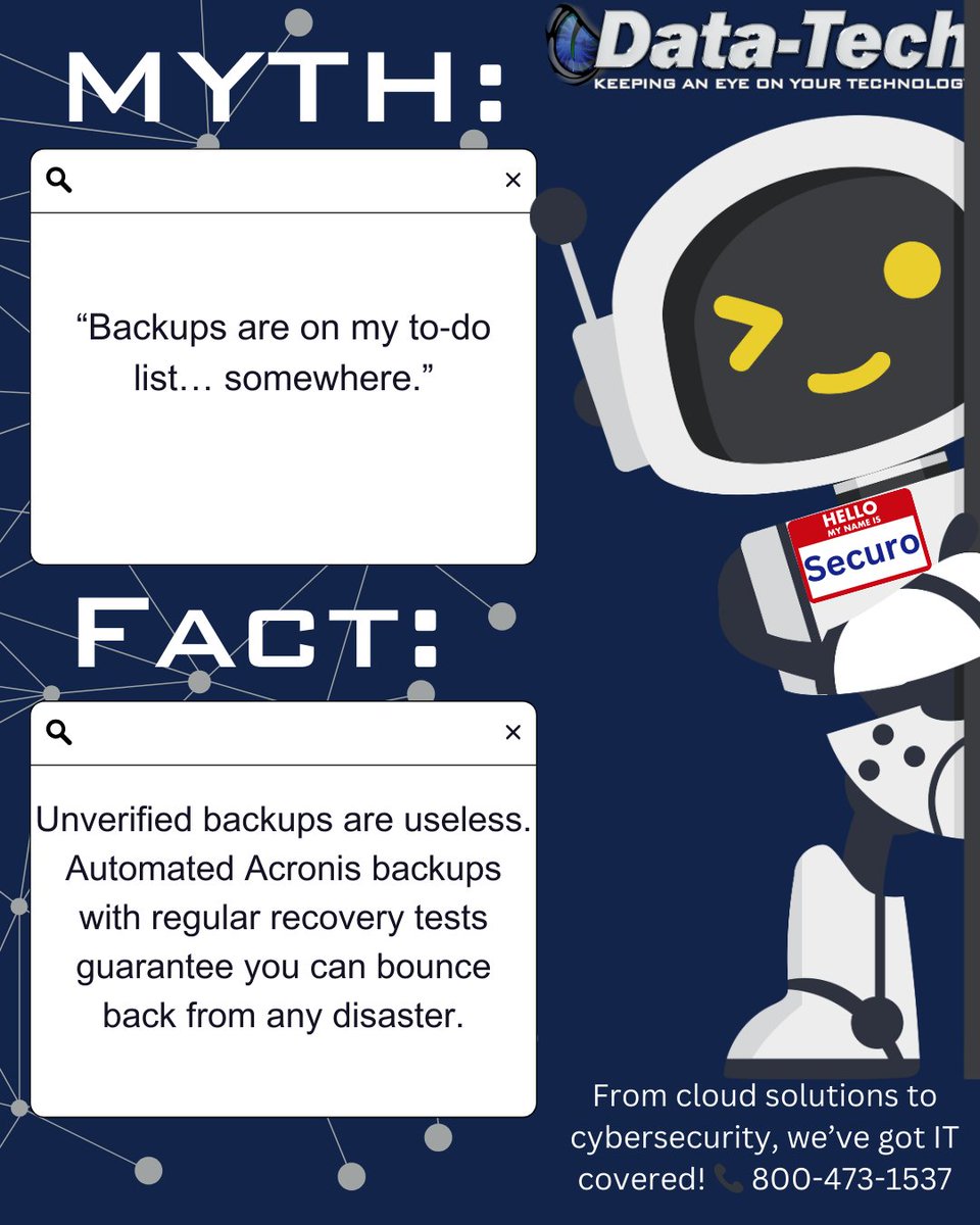 DataTechTampa's tweet image. Don’t leave backups on your to‑do list—Data‑Tech Tampa automates and verifies your Acronis backups so you can recover from anything.

#DataTechTampa #BackupSolutions #DisasterRecovery #Acronis #CyberResilience