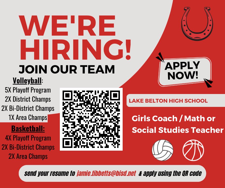 Lake Belton HS is looking for a Girls Volleyball/Basketball Coach with Math/Social Studies teaching field! Come join the Lake Show! 🙌🏻🏐🏀