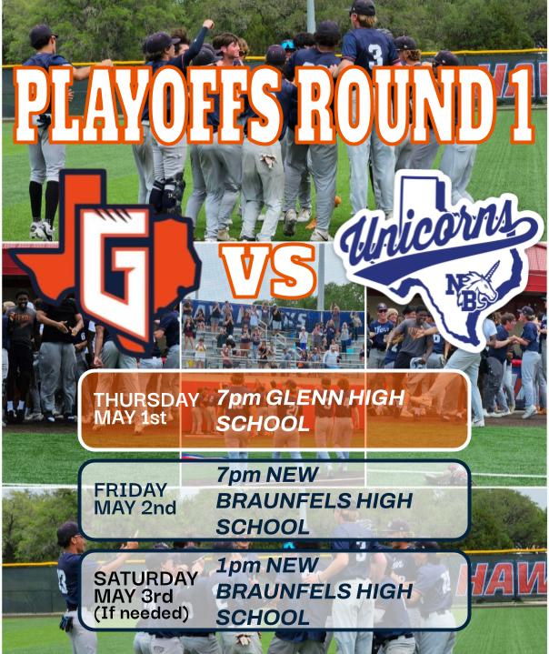 Round 1 Playoff Information! Glenn vs New Braunfels! Need the stands packed on Thursday for our first playoff game at Glenn HS! Come support this awesome group! #AllinforGlenn #ClawsUp