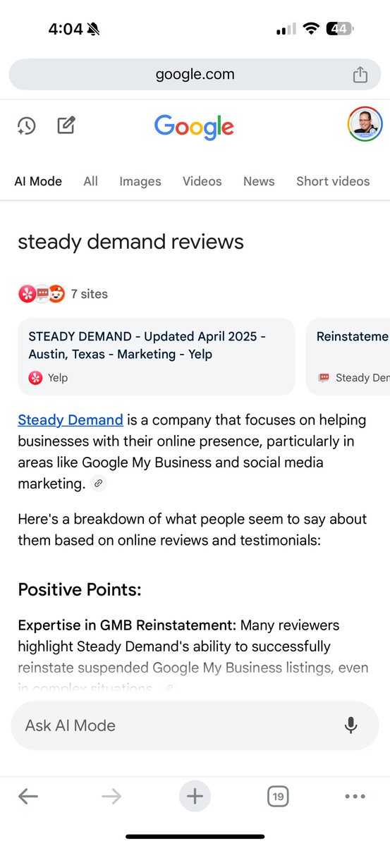 Ai mode analysis of your gbp reviews. Anyone else see this on chrome mobile?