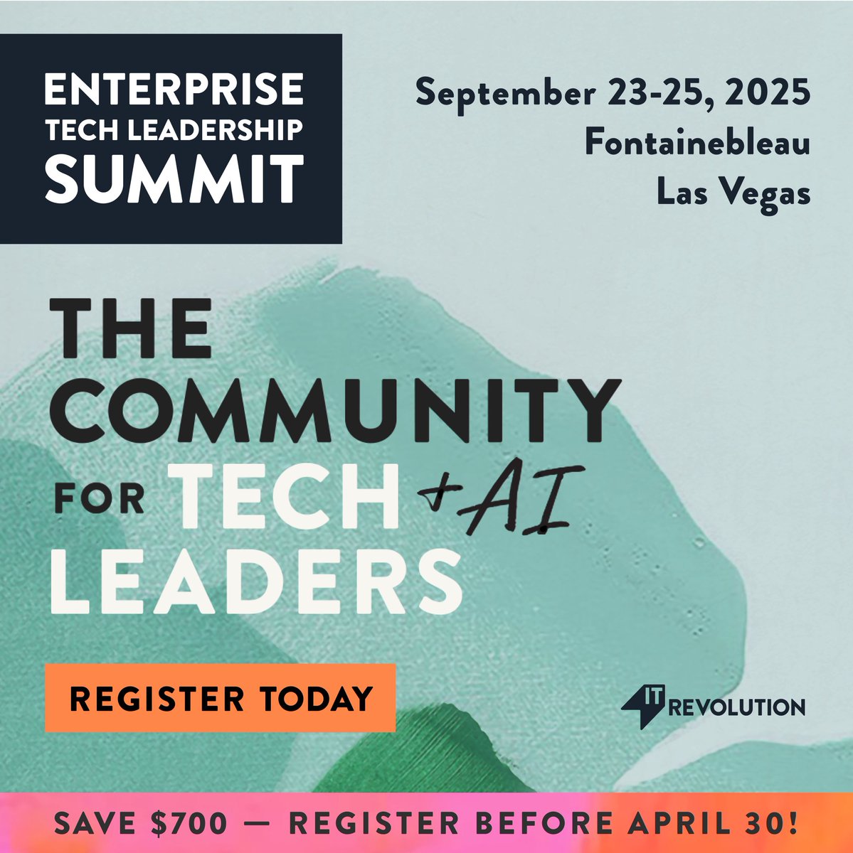 Hurry! Register for ETLS Las Vegas by April 30 for the best rate. Prices rise from $1,800 to $2,100 (full price $2,500). Join the premier event for tech + AI leaders—3 days of inspiring talks, peer networking, and leadership insights! #ETLS25 itrevolution.com/product/enterp…