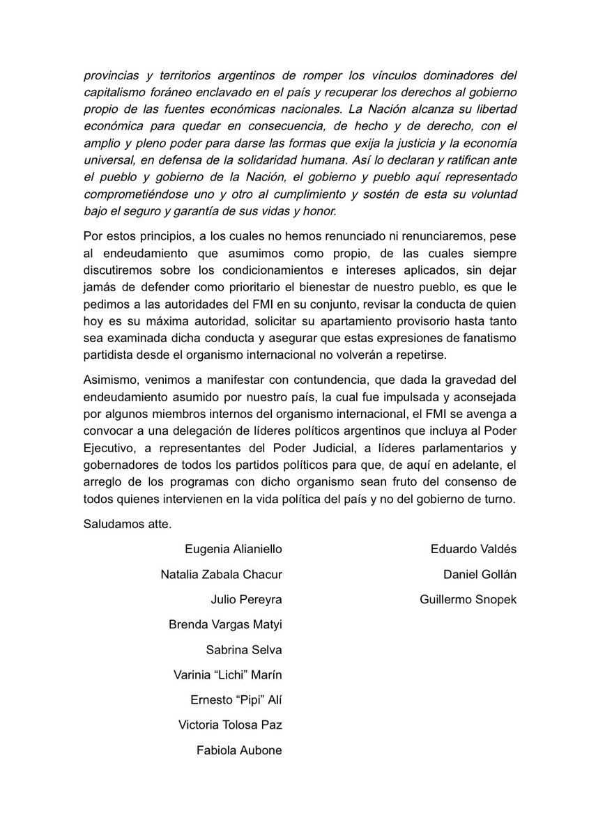 Para el FMI, 3 conceptos: 
👉🏻Soberanía política, independencia económica y justicia social.