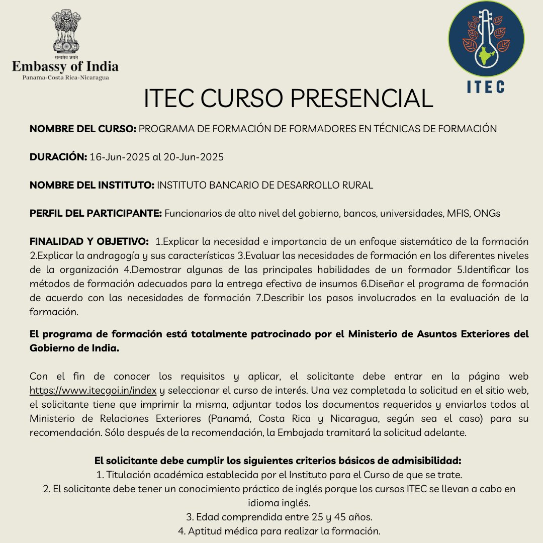 India in Panama, Nicaragua, Costa Rica (@indiainpanama) on Twitter photo Link to apply: itecgoi.in/applicant_getC…
For more info, please contact: pic.panama@mea.gov.in Link to apply: itecgoi.in/applicant_getC…
For more info, please contact: pic.panama@mea.gov.in