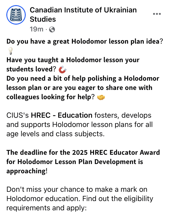 CIUS's HREC Education fosters, develops and supports Holodomor lesson plans for all age levels and class subjects.

𝗗𝗲𝗮𝗱𝗹𝗶𝗻𝗲: May 1st!
education.holodomor.ca/2025-hrec-educ…
