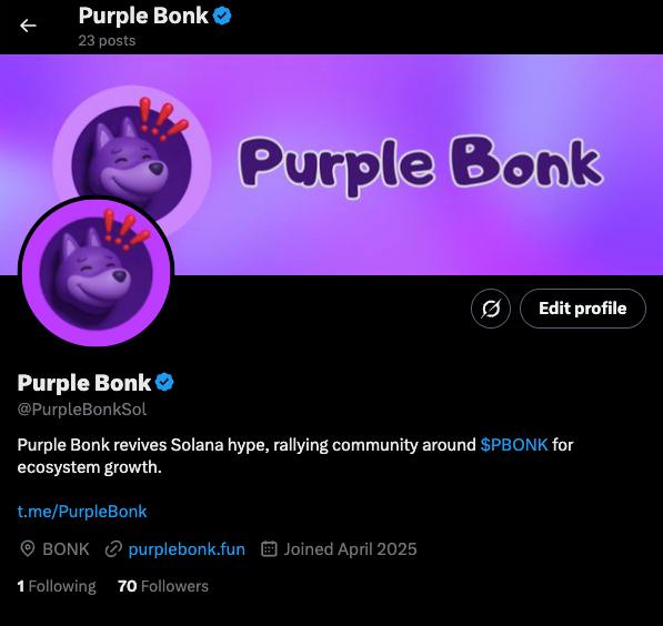PurpleBonkSol's tweet photo. We are officially blue thick on X - https://t.co/YRg145FB11 https://t.co/W3KsacCriz