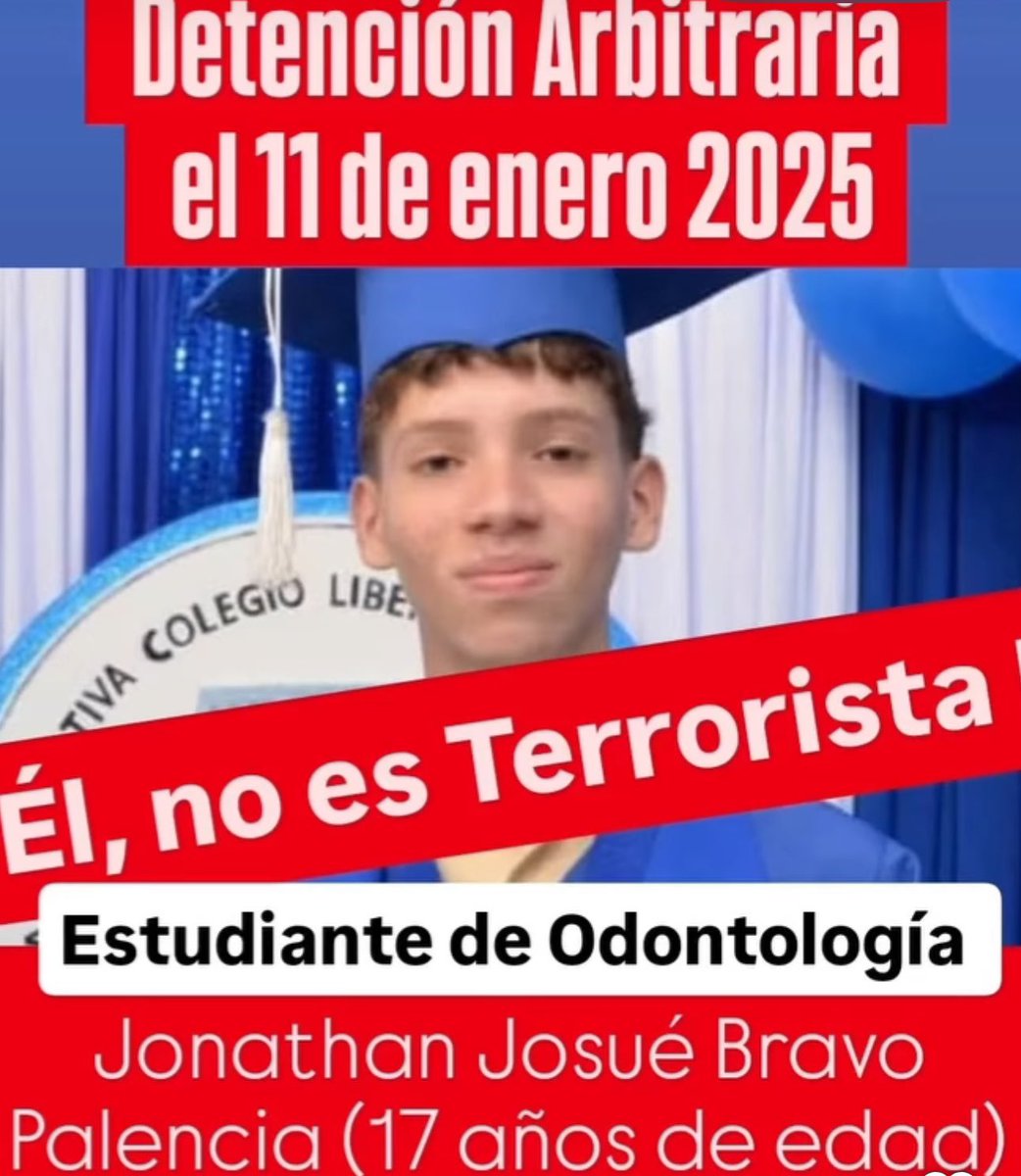EL NO ES UN TERRORISTA Jonathan Josué Bravo un joven venezolano  de 17 años, hoy ve sus sueños convertidos en pesadilla. Fue detenido arbitrariamente desde el 11 de Enero del 2025, siendo inocente. 

📌Tiene una condición neurológica diagnosticado con TDAH (Trastorno de Déficit