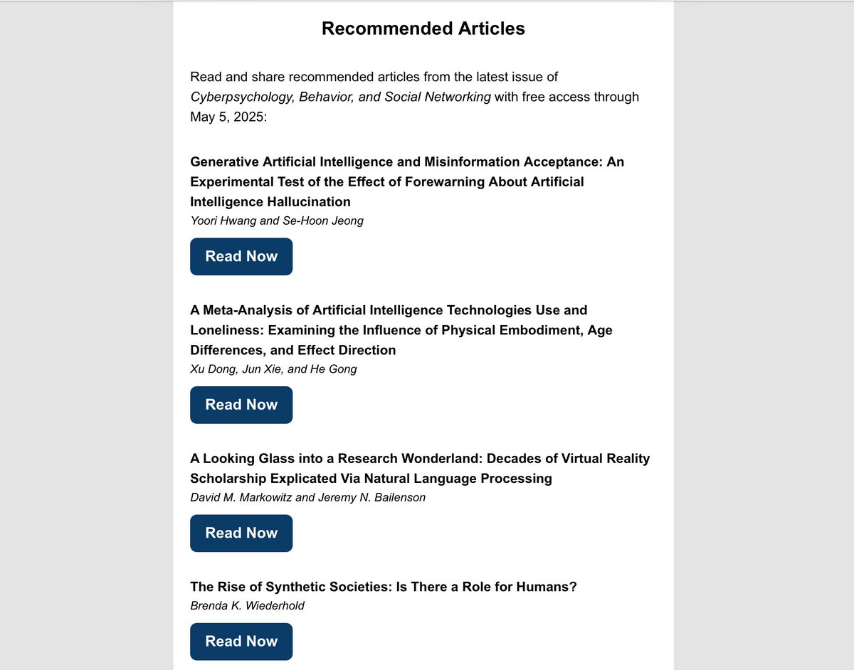 Brenda K Wiederhold (@virtualbrenda) on Twitter photo Unlock a wealth of knowledge with free access to these #AI Recommended Articles until May 5, 2025! Dive into the latest insights on #Cyberpsychology #Behavior, #SocialNetworking & #ArtificialInteligence from <a href="/LiebertPub/">Mary Ann Liebert Inc</a>'s renowned journal <a href="/Cyberpsych_Jn/">Cyberpsychology Journal</a> liebertpub.com/toc/cyber/28/4 Unlock a wealth of knowledge with free access to these #AI Recommended Articles until May 5, 2025! Dive into the latest insights on #Cyberpsychology #Behavior, #SocialNetworking & #ArtificialInteligence from <a href="/LiebertPub/">Mary Ann Liebert Inc</a>'s renowned journal <a href="/Cyberpsych_Jn/">Cyberpsychology Journal</a> liebertpub.com/toc/cyber/28/4