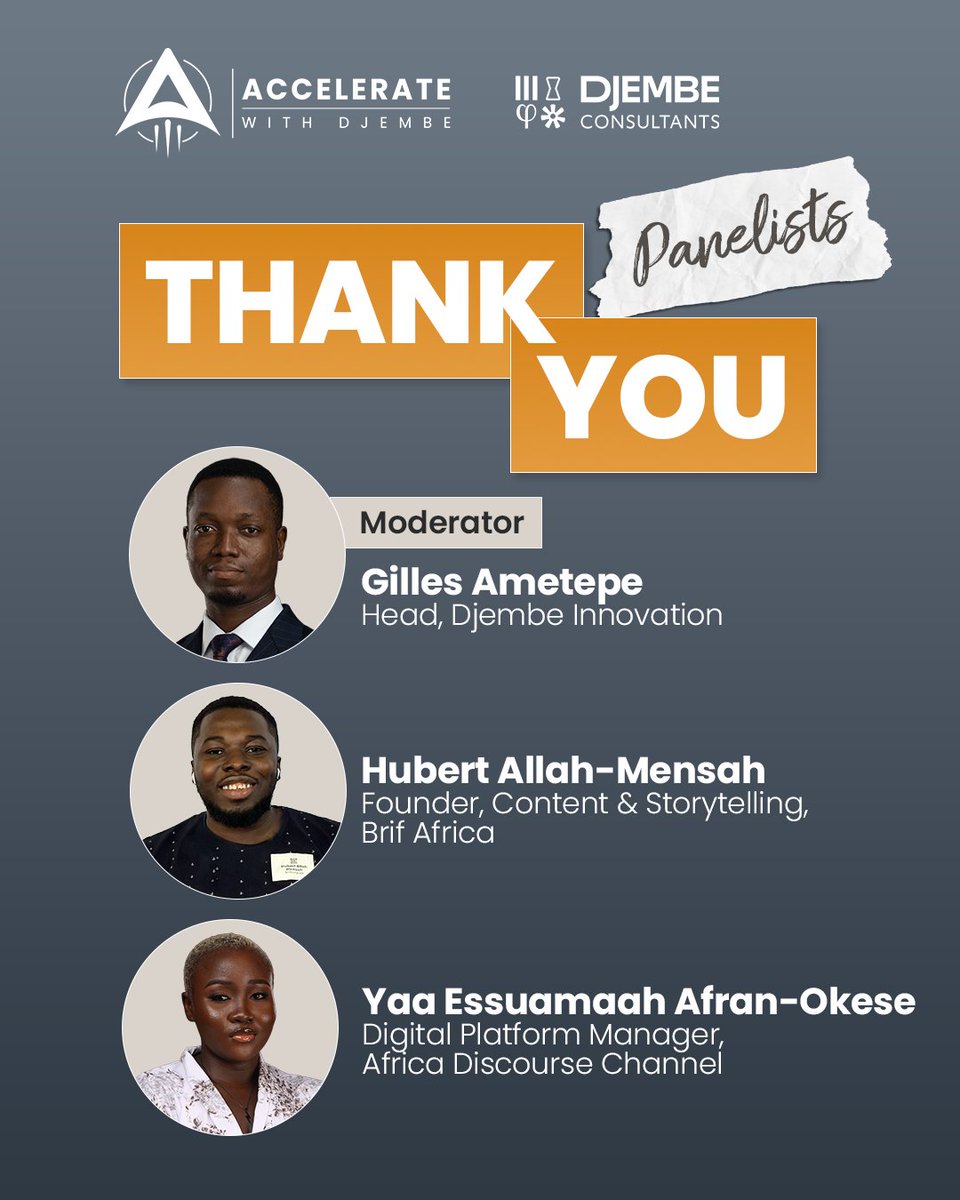 Grateful to Hubert Allah-Mensah &amp; Yaa Essuamaah Afran-Okesse for contributing to an engaging panel at #DemoDay2025! 

The main takeaways? #Storytelling, #community, and #culture = the true growth drivers!

#ThankYou #AccelerateWithDjembe #InnovationInMEA #Entrepreneurship #AwD