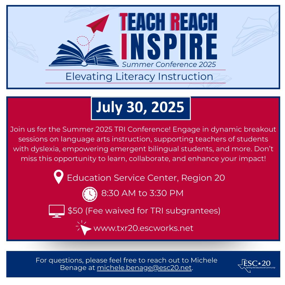 📢 Teachers &amp; Instructional Coaches! Join us for the 2025 TRI Literacy Conference 🎉
July 30 |  8:30–3:30
Theme: Teach, Reach, Inspire: Elevating Literacy Instruction
Get ready for powerful sessions, practical strategies, and big inspiration! 
#TeachReachInspire #LiteracyLeaders