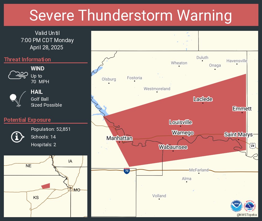 NWSTopeka's tweet image. Severe Thunderstorm Warning continues for Manhattan KS, Wamego KS and  Saint Marys KS until 7:00 PM CDT. This storm will contain wind gusts to 70 MPH and golf ball sized hail!
