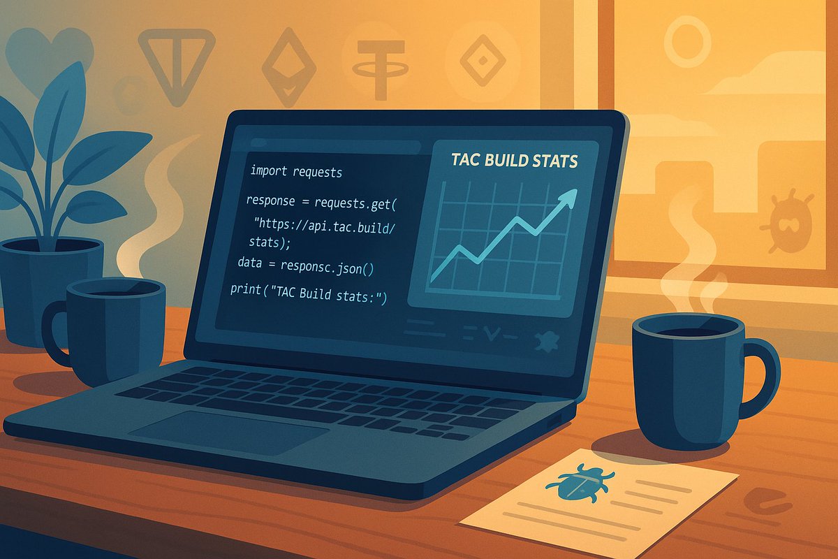 AlphaRider_'s tweet photo. Morning dev diary: coding a helper script to fetch real‑time Tac Build stats 📈
— lines of code: 37
— cups of coffee: ☕☕
gTAC 🫰,✨ to everyone hacking on TON this morning
#TACPilled #DailyDev https://t.co/756CJENbx4