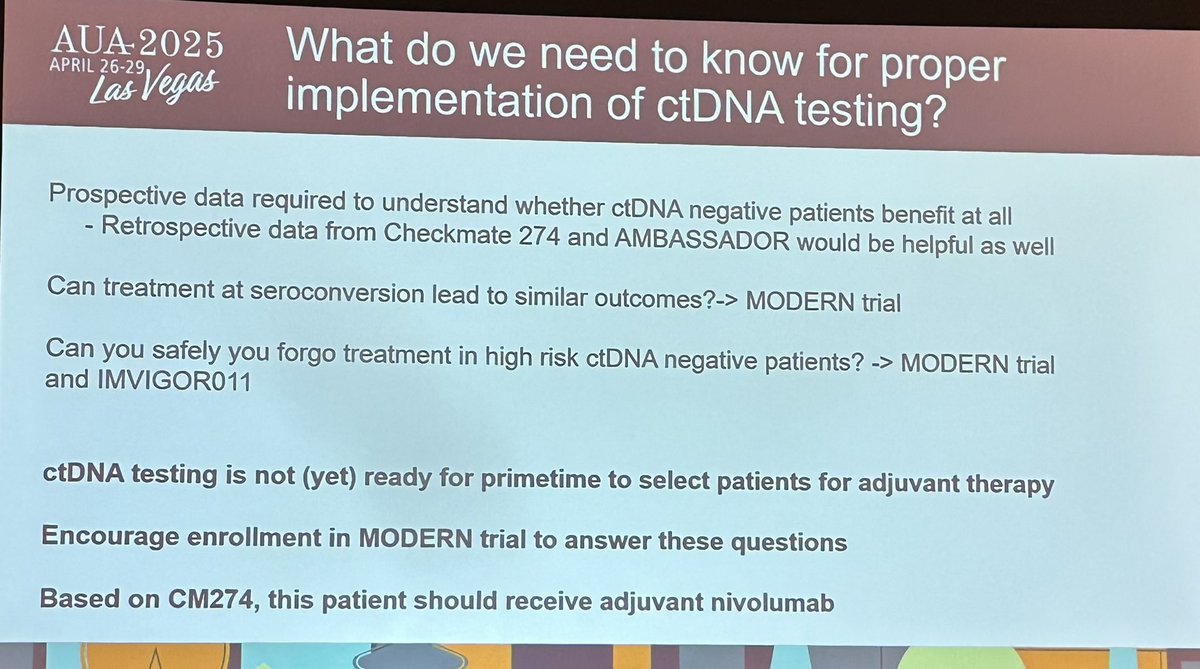 Amanda Myers (@amandamyersmd) on Twitter photo Debate 7. Should ctDNA guide adjuvant treatment decisions post-RC? #AUA25
<a href="/PGrivasMDPhD/">Petros Grivas</a> <a href="/MattGalsky/">Matt Galsky</a>
<a href="/UrogerliMD/">Roger Li</a> Yes! Move to precision medicine, reduce potential for substantial toxicities.
<a href="/DrRosenbergMSK/">Jonathan Rosenberg MD</a> Not yet! No prospective phase 3 trial data. Over 30% of patients who Debate 7. Should ctDNA guide adjuvant treatment decisions post-RC? #AUA25
<a href="/PGrivasMDPhD/">Petros Grivas</a> <a href="/MattGalsky/">Matt Galsky</a>
<a href="/UrogerliMD/">Roger Li</a> Yes! Move to precision medicine, reduce potential for substantial toxicities.
<a href="/DrRosenbergMSK/">Jonathan Rosenberg MD</a> Not yet! No prospective phase 3 trial data. Over 30% of patients who