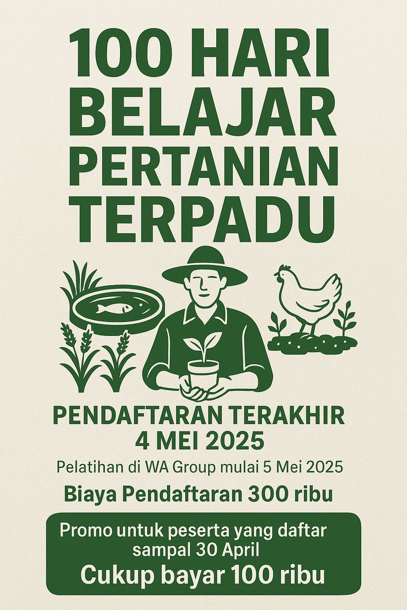 Bayangkan 100 hari dari sekarang...

Kamu sudah panen sendiri sayur sehat dari halaman rumah.
Punya kolam ikan, ayam sehat, kebun kecil yang produktif.
Semua diajarkan pelan-pelan di pelatihan 100 Hari Belajar Pertanian Terpadu — khusus untuk pemula.

Daftar sekarang sebelum