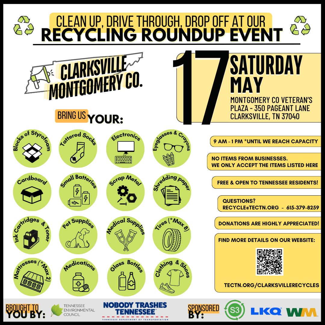 Come recycle with TEC in northern Tennessee! 
When: Saturday, May 17th, 9 am - 1pm or until capacity*
Where: Montgomery Co. Veteran's Plaza, 350 Pageant Lane, Clarksville, TN
How: Clean up, Drive through, &amp; Drop off!
More info: tectn.org/clarksvillerec…