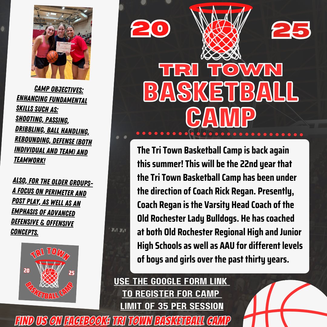 OR Girls Basketball (@orgirlshoops) on Twitter photo April Vacation may be over, but summer vacation is coming and so is the Tri Town Basketball Camp!
To Register-fill in the Google Form:
forms.gle/ErrkmnQP8iP5j5…
Any questions, please let Coach Regan know:
coachregan3@gmail.com April Vacation may be over, but summer vacation is coming and so is the Tri Town Basketball Camp!
To Register-fill in the Google Form:
forms.gle/ErrkmnQP8iP5j5…
Any questions, please let Coach Regan know:
coachregan3@gmail.com