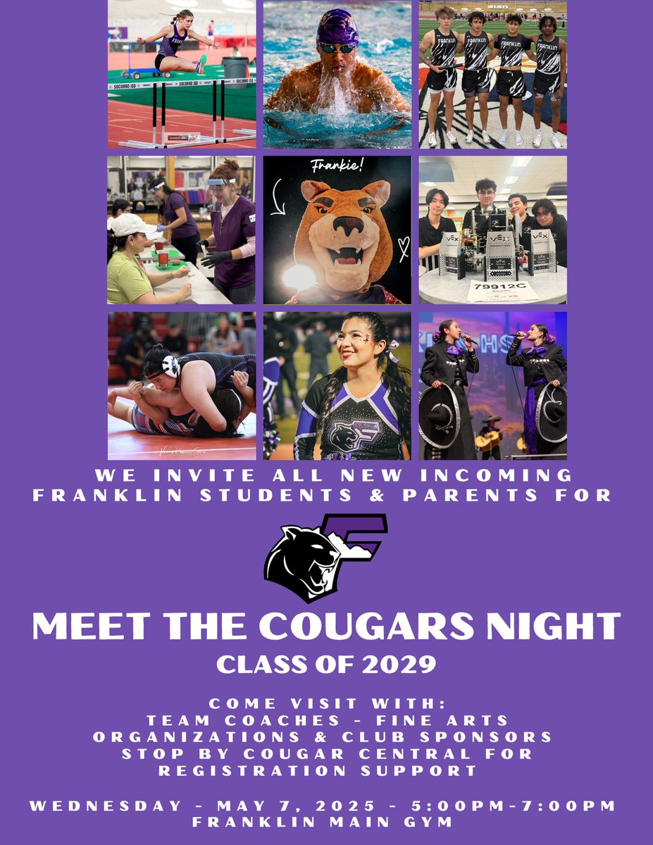 📣 Calling all NEW Cougars — incoming freshmen and new students! Meet the Cougars Night is happening at the Cougar Powerhouse — Franklin Main Gym! 🏟️
🗓️ Come connect with:
🏈 Team Coaches
🎨 Fine Arts
🤝 Clubs &amp; Organizations
📝 Cougar Central (for registration help!)