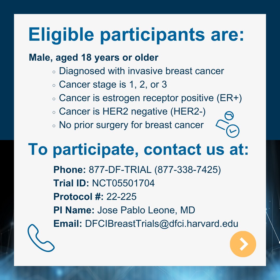 DFCI_BreastOnc's tweet photo. @DFCI_BreastOnc and @TheTBCRC are leading the #ETHANstudy, which evaluates endocrine therapies to identify the best treatment for men with ER+/HER2- breast cancer prior to surgery #MaleBreastCancer.
For more info call 877-338-7425 or visit:
https://t.co/wmcrnUX3Np @MBCGAlliance https://t.co/ChV7H22ieu
