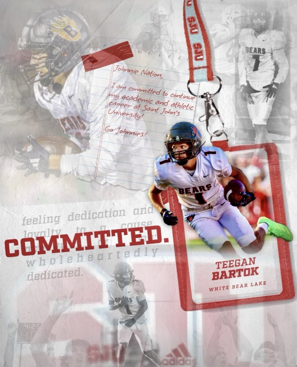 Teegan Bartok (@teeganbartok) on Twitter photo I am extremely blessed to announce that I have committed to play college football at @SJU, I’d like to thank God first and my parents and family for everything. #gojohnnies
<a href="/Johnnies_Video/">SJU Football</a> <a href="/SJUFootball/">Johnnie Football</a>
<a href="/SJUGaryFasching/">Gary Fasching</a>
<a href="/SJUFBCoachDumo/">Damien Dumonceaux</a> <a href="/kole_heckendorf/">Kole Heckendorf</a>
<a href="/bear_football/">White Bear Football</a> I am extremely blessed to announce that I have committed to play college football at @SJU, I’d like to thank God first and my parents and family for everything. #gojohnnies
<a href="/Johnnies_Video/">SJU Football</a> <a href="/SJUFootball/">Johnnie Football</a>
<a href="/SJUGaryFasching/">Gary Fasching</a>
<a href="/SJUFBCoachDumo/">Damien Dumonceaux</a> <a href="/kole_heckendorf/">Kole Heckendorf</a>
<a href="/bear_football/">White Bear Football</a>