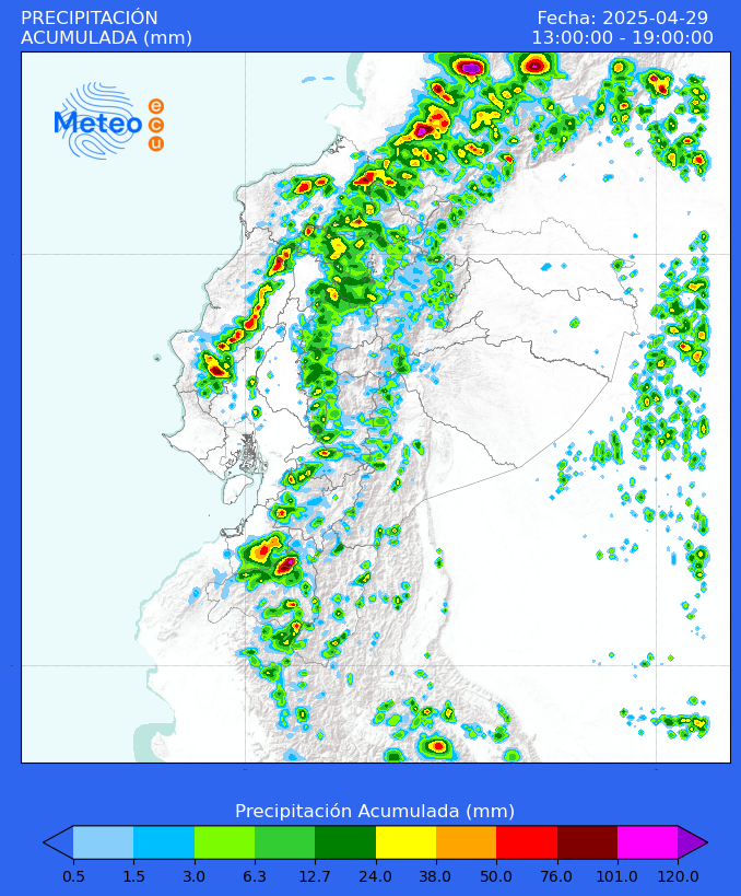 Pronóstico meteorológico de precipitación acumulada en #Ecuador para la tarde del martes 29 de abril de 2025