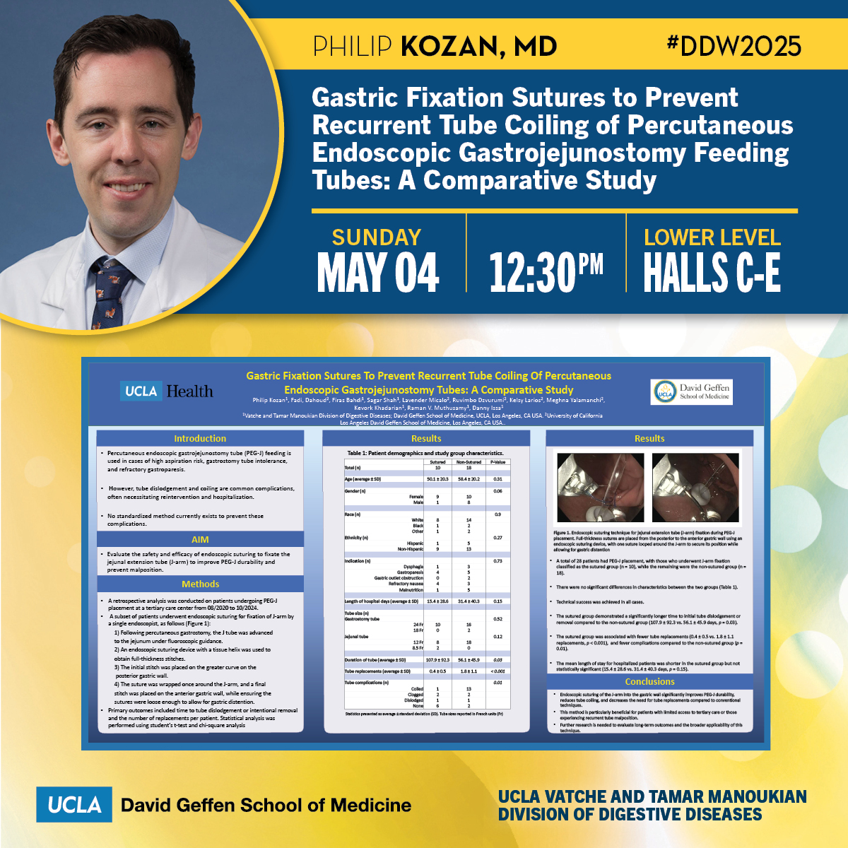 UCLA Gastroenterology and Hepatology (@uclagihep) on Twitter photo 🙌#DDW2025 Poster May 4!
Gastric Fixation Sutures to Prevent Recurrent Tube Coiling of Percutaneous Endoscopic Gastrojejunostomy Feeding Tubes: A Comparative Study
🌠<a href="/PhilipKozanMD/">Philip Kozan, MD</a>
🖊️ Senior: <a href="/DannyIssaMD/">Danny Issa, MD</a>
👥<a href="/bahdi_firas/">Firas Bahdi</a> <a href="/ArnieShahMD/">Arnie Shah</a> <a href="/Lavydl/">Lavender Micalo</a> <a href="/KKhadarian/">Kevork Khadarian, MD</a> <a href="/raman_muthusamy/">Raman Muthusamy</a> et al 🙌#DDW2025 Poster May 4!
Gastric Fixation Sutures to Prevent Recurrent Tube Coiling of Percutaneous Endoscopic Gastrojejunostomy Feeding Tubes: A Comparative Study
🌠<a href="/PhilipKozanMD/">Philip Kozan, MD</a>
🖊️ Senior: <a href="/DannyIssaMD/">Danny Issa, MD</a>
👥<a href="/bahdi_firas/">Firas Bahdi</a> <a href="/ArnieShahMD/">Arnie Shah</a> <a href="/Lavydl/">Lavender Micalo</a> <a href="/KKhadarian/">Kevork Khadarian, MD</a> <a href="/raman_muthusamy/">Raman Muthusamy</a> et al