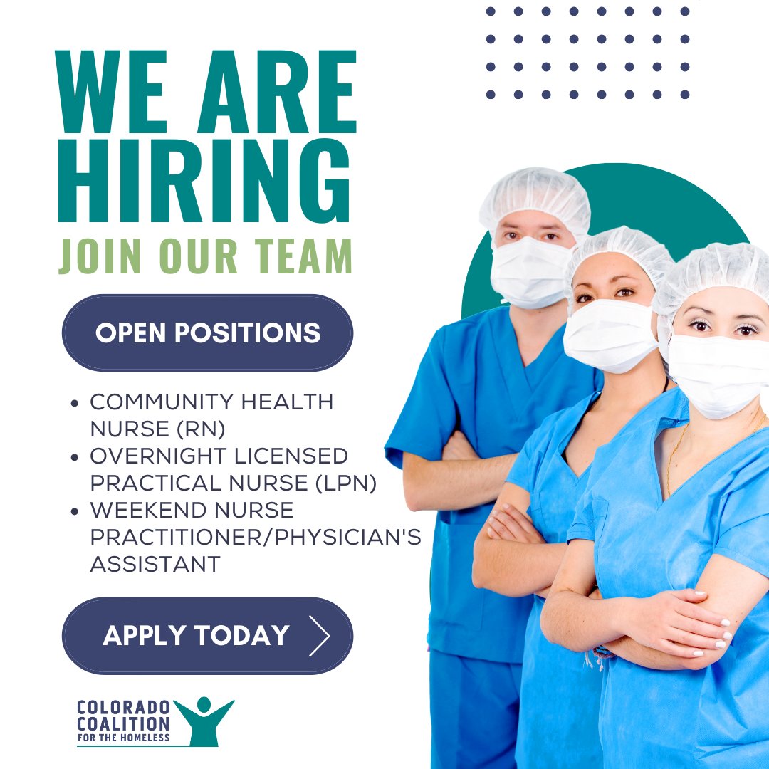 We're hiring! Some positions that we have available: 
- Community Health Nurse (RN)
- Overnight Licensed Practical Nurse (LPN)
- Weekend Nurse Practitioner/Physician's Assistant

Apply to these positions, and more, on our website, coloradocoalition.org/job-search