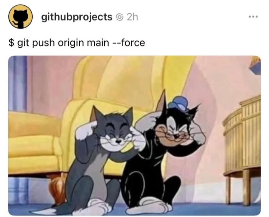 bjellesma's tweet image. Friendly reminder to please never force push. #git #programminghumor #reddit