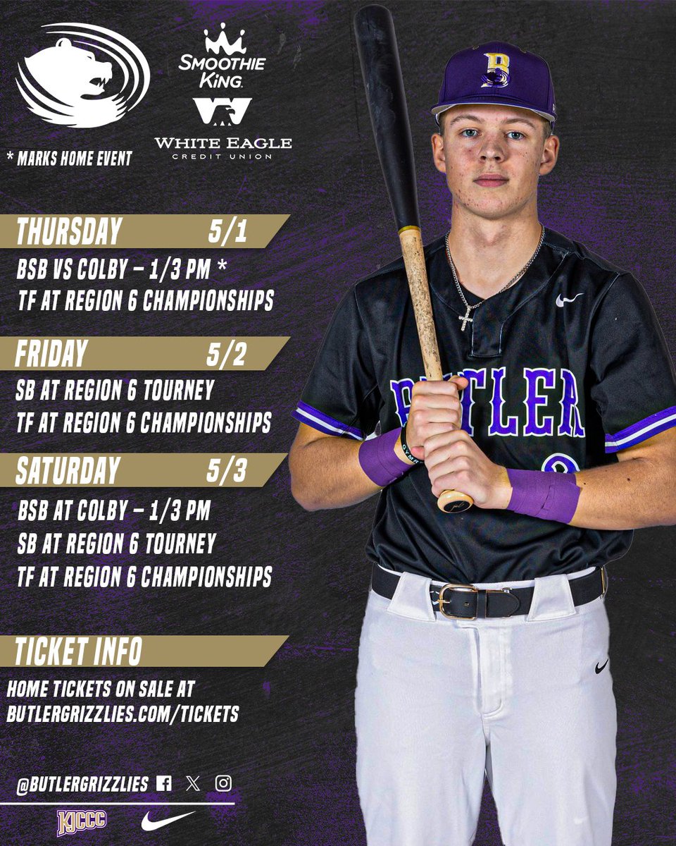 Butler Grizzlies (@butlergrizzlies) on Twitter photo This Week 🗓️
<a href="/Buco_Baseball/">Butler Baseball</a> hosts Colby Thursday to kick off the final regular season series of the season
<a href="/ButlerCCTFXC/">Butler XC & Track</a> opens up Region 6 Championship Action on Thursday in Coffeyville
<a href="/BUCOSoftball/">Butler Softball</a> gets the Region 6 Tournament started on Friday in Dodge City
#RoarGrizz🐻 This Week 🗓️
<a href="/Buco_Baseball/">Butler Baseball</a> hosts Colby Thursday to kick off the final regular season series of the season
<a href="/ButlerCCTFXC/">Butler XC & Track</a> opens up Region 6 Championship Action on Thursday in Coffeyville
<a href="/BUCOSoftball/">Butler Softball</a> gets the Region 6 Tournament started on Friday in Dodge City
#RoarGrizz🐻