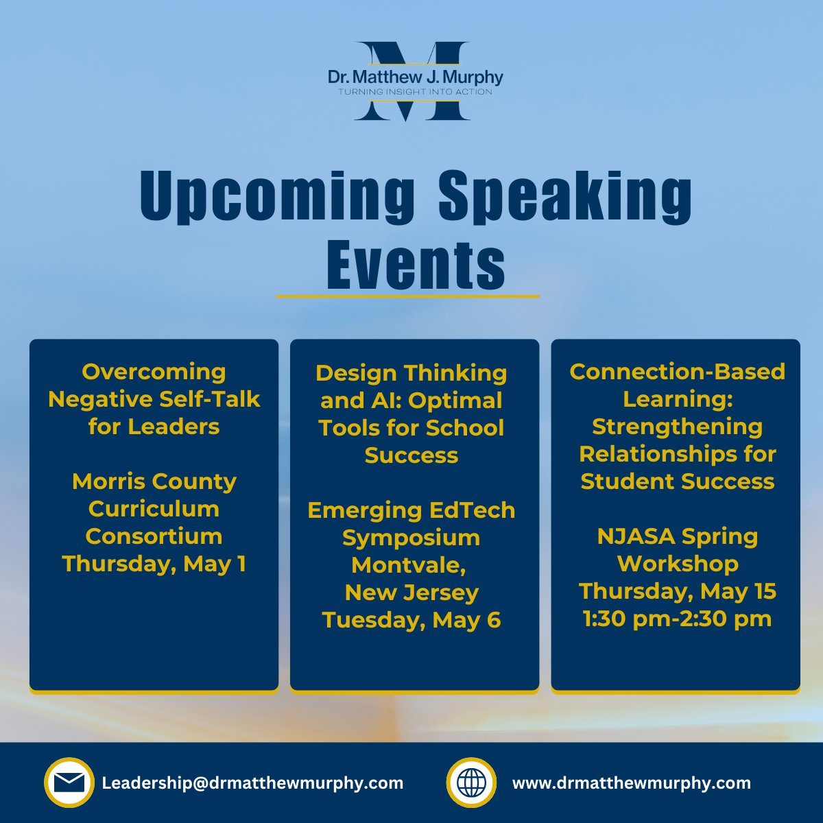 🎤 Next Stop: Morris County! 🎤
On May 1, I’ll be speaking on Overcoming Negative Self-Talk for Leaders at the Morris County Curriculum Consortium!
If you're looking to boost professional development for your administrators or teachers — whether it’s leadership skills,