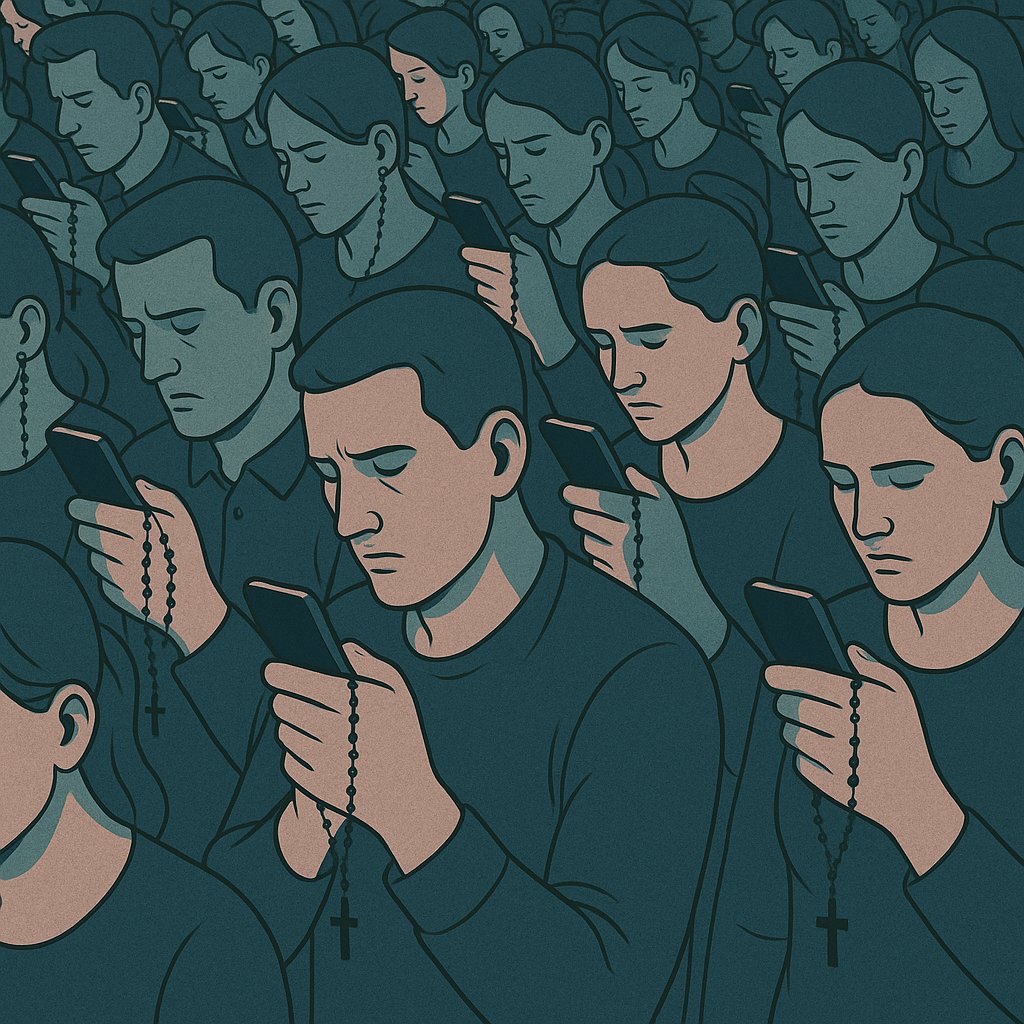 They are everywhere — a sea of plastic citizens, clutching their phones like rosaries, scrolling for absolution they will never find.