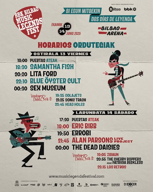 Ultrasonicos1's tweet image. Ya se conocen los horarios del BBK #Bilbao Music Legends Fest que se celebrará los días 13 y 14 de junio en el @BilbaoArena. Estarán bandas como @SexMuseumRock, @alanparsons Live Project, @Colajets, @litaford o @TheDeadDaisies entre otras.
@Dekkerevents 
lc.cx/4nrWc7