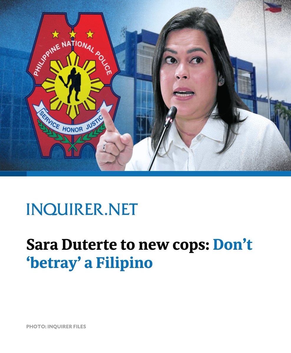 inquirerdotnet's tweet photo. Vice President Sara Duterte on Monday told new police officers to uphold integrity by not allowing themselves to be tainted by wrongdoings such as “betraying” and “surrendering” a Filipino to a foreign body.

READ MORE: https://t.co/OzVcf65nhD https://t.co/4sRrXnr7Wc