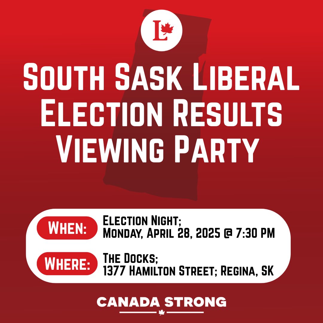 Join us tonight at The Docks to watch the results roll in!

South Saskatchewan Liberals are gathering to celebrate all of our hard work over the past 37 days.

Doors open at 7:30 PM — see you there!