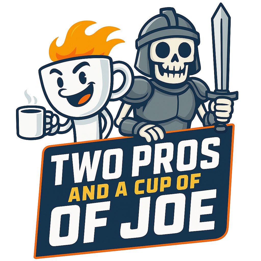 Coach_Sanchez99's tweet photo. @TheJonasKnox @Brady_Quinn Here’s your new logo. Two pros a cup of joe and a skeleton warrior https://t.co/NU0ejM9Phx