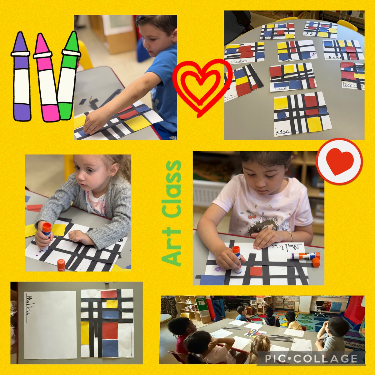 Today in art class, we learned all about Piet Mondrian. We were inspired with lines and colors. 🔵🔴🟡