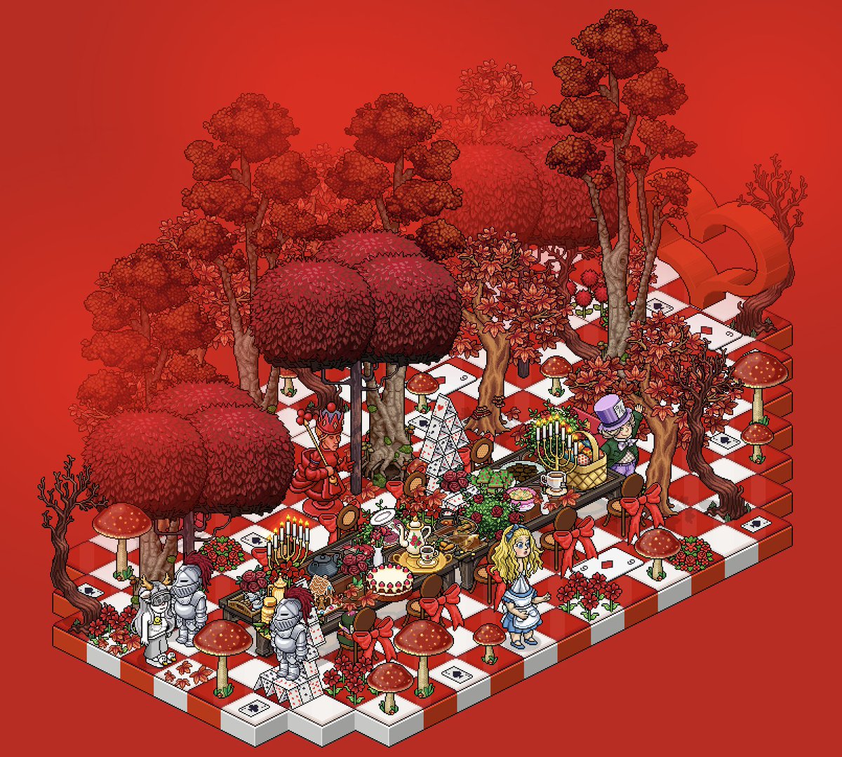 🎩✨ Participando da campanha EASTER: O PRIMEIRO CAPRICHO – A FESTA DO CHÁ CARMESIM no <a href="/MeuHabblet/">Habblet</a> ! Inspirado na Rainha de Copas, criei um quarto na temática, com muito vermelho e exuberância. 👑❤️ Bem-vindos ao meu reino! 🃏♠️