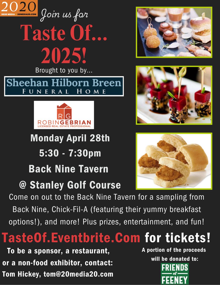 Special Thanks to ALL our sponsors … especially Sheehan Hilborn Breen Funeral Home and Robin Gebrian our Presenting Sponsors. The Back Nine “Team” did an amazing job hosting TASTE 2025!
Kudos!