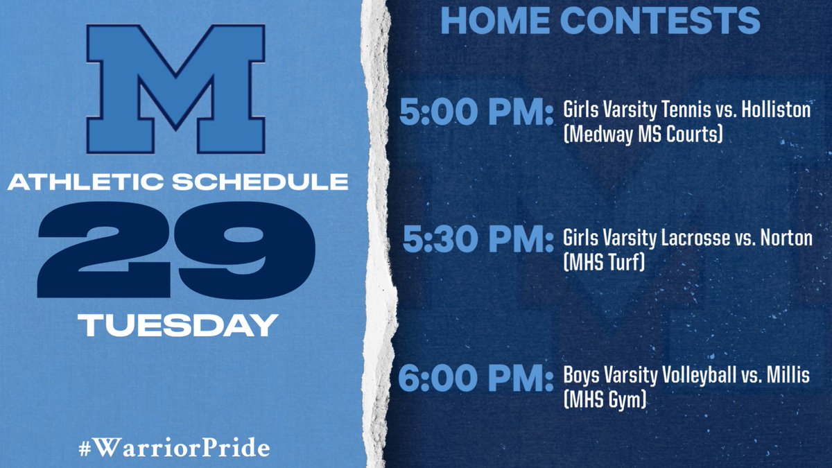 Medfield Athletics (@medfieldad) on Twitter photo Athletic Schedule (Home Contests) for Tuesday, April 29:
<a href="/coachmace/">Michael Mason</a> <a href="/MedfieldGTennis/">@MedfieldGirlsTennis</a> <a href="/MedGlax/">Medfield Girls Lax</a> <a href="/CoachShu1/">Coach Shu</a> <a href="/HollistonAD/">Holliston Athletics</a> <a href="/NHSLancersports/">Norton Lancer Athletics</a> <a href="/MillisAthletics/">Millis Athletics</a> Athletic Schedule (Home Contests) for Tuesday, April 29:
<a href="/coachmace/">Michael Mason</a> <a href="/MedfieldGTennis/">@MedfieldGirlsTennis</a> <a href="/MedGlax/">Medfield Girls Lax</a> <a href="/CoachShu1/">Coach Shu</a> <a href="/HollistonAD/">Holliston Athletics</a> <a href="/NHSLancersports/">Norton Lancer Athletics</a> <a href="/MillisAthletics/">Millis Athletics</a>