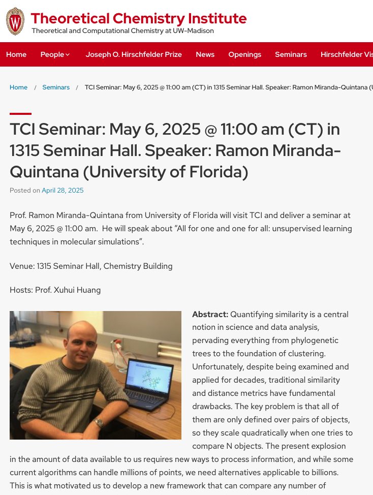 TCI UW-Madison (@tci_uw_madison) on Twitter photo Join us for a TCI seminar with Ramon Miranda-Quintana from University of Florida hosted by <a href="/XuhuiHuangChem/">Xuhui Huang</a>! He’ll share insights on unsupervised learning in molecular simulations. 📅 May 6 | 🕚 11 AM | 1315 Seminar Hall <a href="/UWMadisonChem/">UW-Madison Chemistry</a>
tci.chem.wisc.edu/2025/04/28/tci… Join us for a TCI seminar with Ramon Miranda-Quintana from University of Florida hosted by <a href="/XuhuiHuangChem/">Xuhui Huang</a>! He’ll share insights on unsupervised learning in molecular simulations. 📅 May 6 | 🕚 11 AM | 1315 Seminar Hall <a href="/UWMadisonChem/">UW-Madison Chemistry</a>
tci.chem.wisc.edu/2025/04/28/tci…