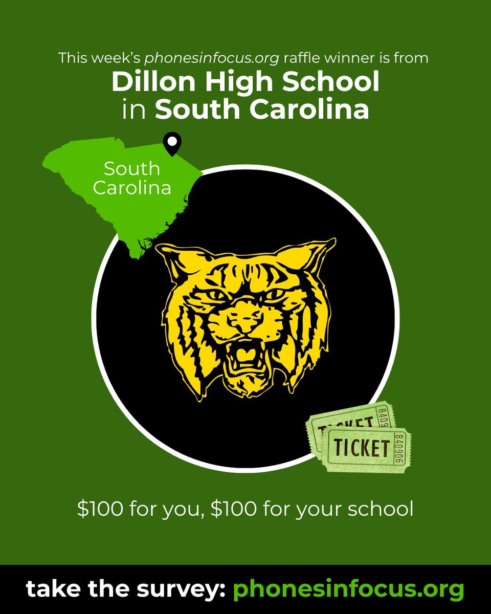 Angela Duckworth (@angeladuckw) on Twitter photo 🎉 Congrats to this week’s raffle winner from <a href="/DillonDistrict4/">Dillon School District Four</a> in South Carolina!
🏫📚 TEACHERS: take the phonesinfocus.org survey to help shape policy and see how your school compares PLUS be eligible for our next drawing!
#PhonesInFocus #EdResearch #TeacherVoices 🎉 Congrats to this week’s raffle winner from <a href="/DillonDistrict4/">Dillon School District Four</a> in South Carolina!
🏫📚 TEACHERS: take the phonesinfocus.org survey to help shape policy and see how your school compares PLUS be eligible for our next drawing!
#PhonesInFocus #EdResearch #TeacherVoices