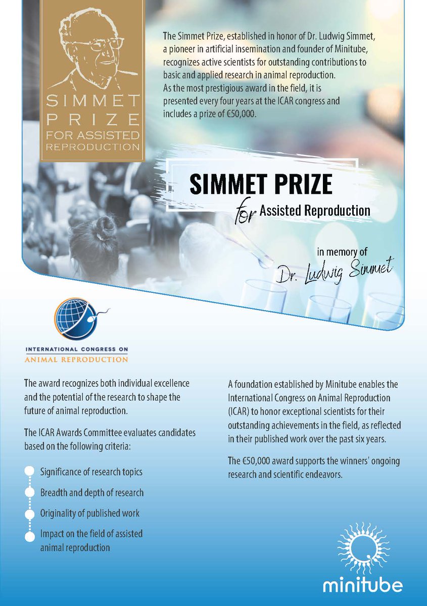 Nominations for the ICAR Simmet Prize for Assisted Reproduction are open until 1 Sept 2025. This award recognises active scientists for outstanding contributions in both basic and applied research and has a prize of €50,000! animalreproduction.org/simmetprize/
<a href="/ReproductionSRB/">SRB</a>