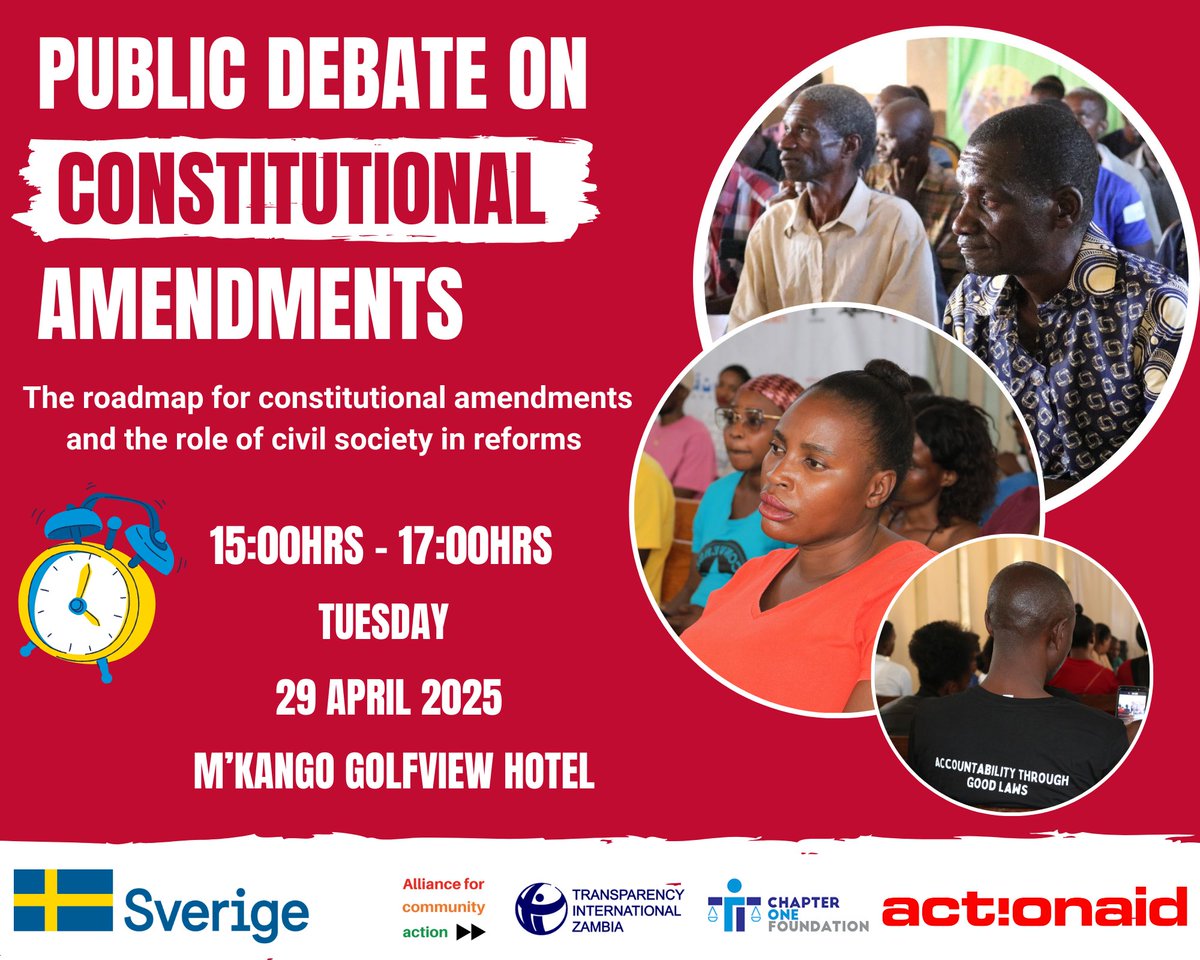 ActionAid Zambia (@actionaidzambia) on Twitter photo Join us this Tuesday, 29th April 2025 from 15:00 to 17:00hrs at M'kango Golfview Hotel for a crucial public #debate on the #constitutional reform roadmap and the role of civil society.
#Zambia #Constitution
<a href="/SwedeninZM/">Sweden in Zambia 🇸🇪</a> Join us this Tuesday, 29th April 2025 from 15:00 to 17:00hrs at M'kango Golfview Hotel for a crucial public #debate on the #constitutional reform roadmap and the role of civil society.
#Zambia #Constitution
<a href="/SwedeninZM/">Sweden in Zambia 🇸🇪</a>